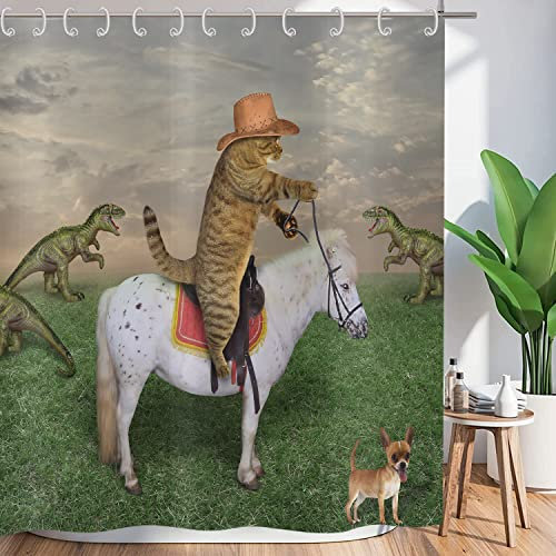ASDCXZ Duschvorhang Lustig 180x180 cm, West Cowboy Bauernhof Lustig Katze Fahrt Pferd Waschbar Textil Badezimmer Vorhänge Polyester Wasserdicht Duschvorhänge für Badewanne mit 12 Duschvorhang Hake