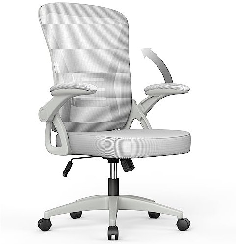 naspaluro Office Chair Ergonomic Desk with 90° Flip-up Armrest Lumbar Support, Height Adjustable Chair, Executive Swivel Computer Padded Seat Cushion for Home/Office-Grey, 50 x 50 x 92 CM (M022)