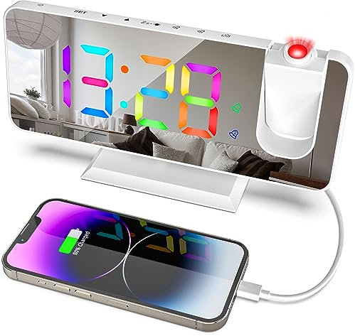ThreeH Projektions Digital Wecker für Schlafzimmer Dynamische RGB-Uhr mit LED-Spiegel-Display USB-Ladegerät Dual Alarm Schlafzimmer Home Office Dekoration Weiß