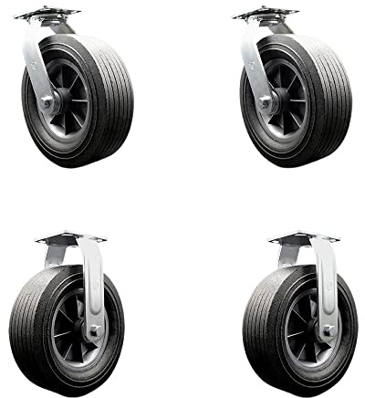 BBQ Smoker Grill Flat Free All Terrain Caster Wheel Set – 10 Inch Easy Roll, No Flat, Maintenance Free Solid Rubber Wheels – Industrial Grade – 2 Swivel and 2 Rigid Casters – Set of 4 – Service Caster