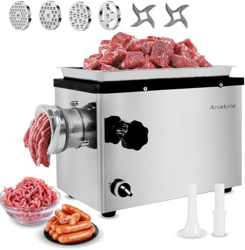 Anatole Tritacarne Elettrico 950W Acciaio Inox Macchina per Salsicce Multifunzionale con 6/8/10mm/3-Fori Piastre di Macinazione 1 Insaccatrice per Salsiccia 2 Lame per Ristorante Hotel 220V