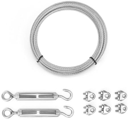 QWORK® 5m Cable de Acero Inoxidable 3 mm, Cables de 304 Acero Inoxidable Kit, Cable de Acero con Tensor M5, para Enrejados, Suspensiones de Lámparas, Cercas, Tendederos