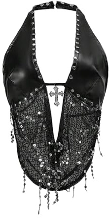 SOLY HUX Women's Gothic Grunge PU Leather Sparkly Halter Crop Top Y2k Deep V Neck Vest Rave Outfits Solid Black Small
