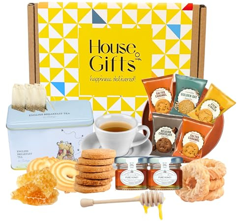 Tea Hamper Pooh Bear Gift Set Including 40 Breakfast Tea Bags, British Biscuits, Honey Pots & House of Gifts Honey Spoon & Box | Biscuit & Brew Gift Box, Elegant Treat Selection