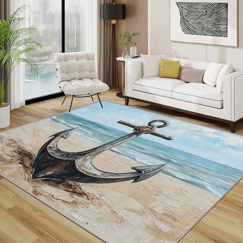 Generisch Anker Teppich, Nautisch Meer Küste Kleiner Teppich, Strand Waschbar Kurzflor Weich Teppiche Eingangsbereich Innen Küche, 60x90 cm, Braun Blau