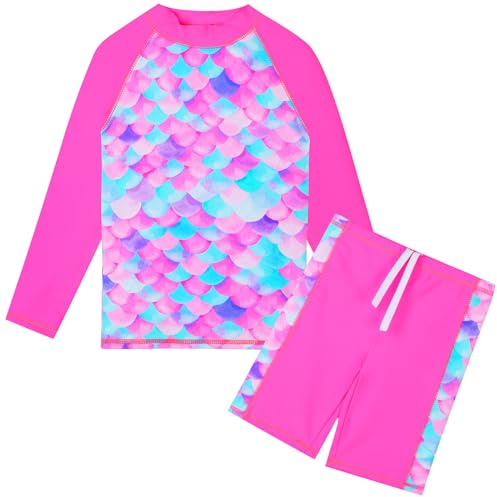 HUAANIUE Filles Enfants Maillot de Bain 2 Pièces Enfants Filles Plage Combinaison de Bain à Manches Courtes 2-12 Ans (S491-Écailles Rose, 7-8 Ans)