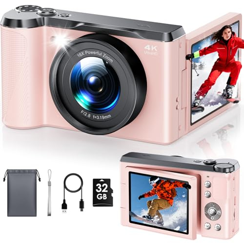 Camara de Fotos Digital 4K 56MP, Focusinc Cámara Digital con Pantalla Flip De 180° De 3, 16X Zoom Compacta con 32GB Tarjeta, Recargable Fotográfica para Principiantes Niña Niños Chico Adolescentes