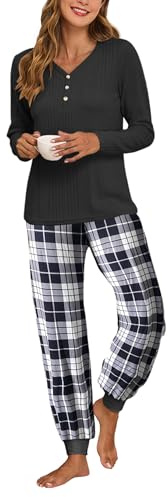Famulily Women's Pyjama Sets Plaid Loungewear 2 Piece Soft Long Sleeve Nightshirt and Elastic Waist Jogger Pants with Pockets