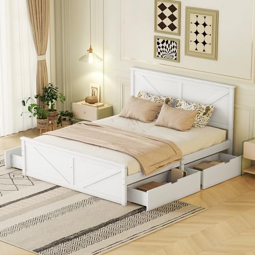 Idemon Cama doble de 160 x 200 cm, de madera, con cuatro cajones, color blanco