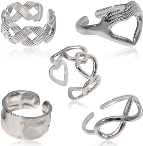 AFCJLTO 5 Pezzi Set Anelli Donna Acciaio Inossidabile Boho Aperto Minimalista Impilabili Anelli Argento Regolabili Nocche Anello a Cupola Spessi Intrecciati Torcicolati alla Moda