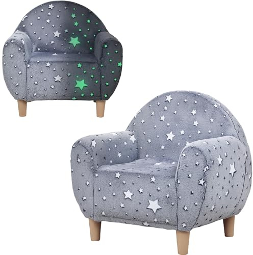 AIYAPLAY Sillón Infantil con Reposabrazos Diseño de Estrellas Que Brillan en la Oscuridad Sofá para Niños 18-36 Meses Terciopelo Suave Soporta 45 kg Gris