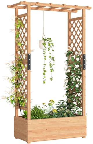 Outsunny Garden Planter with Trellis, Wooden Raised Bed for Garden with Hanging Roof and Drainage Holes, Outdoor Trellis Planter Box for Vegetables, Herbs and Flowers, 110 x 44 x 181 cm, Natural