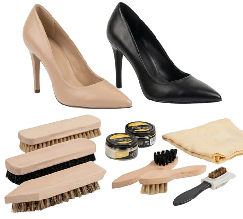 Kaps Napoli kit d’entretien pour chaussures – brosses de qualité supérieure, kit pour nettoyer et lustrer chaussures et bottes en cuir lisse, 9 pièces incluant la crème pour chaussures