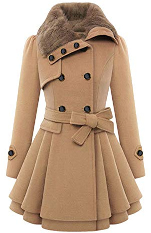EFOFEI Donna Cappotto Invernale Duffle Con Collo In Pelliccia Sintetica Bottoni a Doppio Petto Spesso Misto Lana Orlo Pieghettato Trench Cappotto Giacca Cintura Marrone S