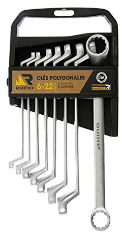 RHINO - Clés polygonales , Lot de 8 clés polygonales, jeu de 8 clés à oeil contre coudées - Diamètre 6 à 22 mm - Fabriqué en Acier (Chrome Vanadium) - Haute qualité - Garantie à vie