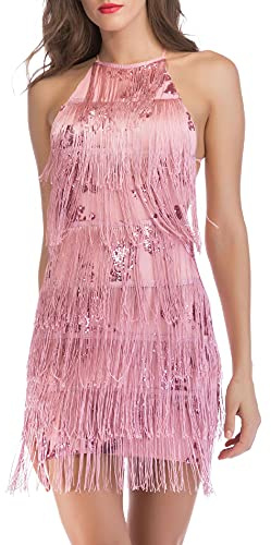 HAHAEMMA Vestido de mujer de los años 20, con flecos, con cuello halter, gran Gatsby, cóctel, fiesta, disfraz, flapper, carnaval, Rosa., M