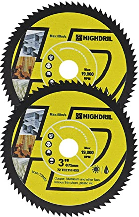 HIGHDRIL Disco de corte circular HSS - 2 piezas de 75 mm / 3 pulgadas, 72 dientes, disco de corte de 10 mm de agujero para madera, cobre, aluminio, plástico y metal blando