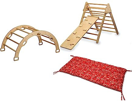 Montessori Kletterset | Kletterdreieck Kletterbogen & Felswand Rampe | Kletterbogen mit Kissen | Holz Kletterset mit Kissen | Holz Groß Klettergerüst Set mit Rampe und Kissen (Frühling)