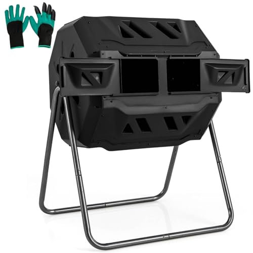 COSTWAY 160L Tumbling Composter, Garden Compost Bin with 360° Rotating Dual Chambers, Sliding Doors & Gloves, BPA-Free Compost Waste Bin Barrel, Easy and Fast Composing (Black, 160L)