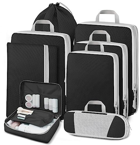 Lannvan Set 8 en 1 de Organizadores de Maleta, Cubos de Compresión, Bolsas de Viaje para Equipaje, Mochila, Ropa y Cosméticos - Negro