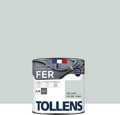 Tollens - Peinture extérieure fer 2 en 1 - Ultra Résistante - Protection antirouille - Laque Riche en Résine - Sans Sous-Couche - Entretien Facile - Brillant - Gris Clair - 0,5L = 8m2