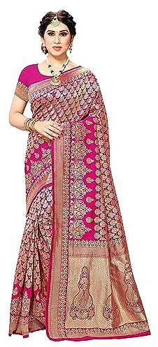 Yashika Banarasi Kanjivaram de moda para mujer, color azul marino, sari de seda con material de blusa, Rosa, talla única