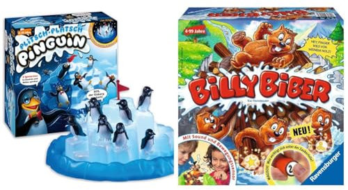 Ravensburger 21325 Plitsch Platsch Pinguin großer Spielspaß mit Geschicklichkeitsfaktor für Kinder und Erwachsene Klassiker für 1 bis 5 Spieler ab 4 Jahren & 22246 Billy Biber Geschicklichkeitsspiel