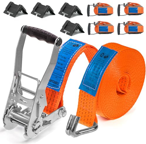 INTAKO 4/6/8/10/12m Cinghie a Cricchetto Professionali 5000kg x 50mm - Set di 4 Cinghie di Fissaggio con Cricchetto e 4 Angolari di Protezione - Fasce a Cricchetto per Camion (10m)