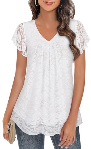 Syphiby Womens Tops V Neck Ladies Top Ruffle Short Sleeve Blouses Flowy Mesh Tunic Tops Casual T Shirt