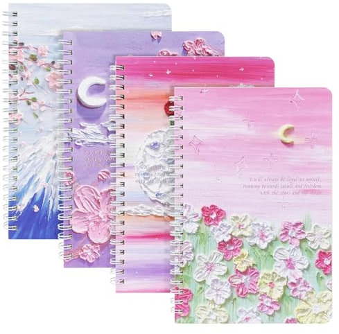 OFFCUP Notizbuch A5 Liniert, 4 Stück Spiralblock Notizheft, 60 Blatt/120 Seiten Notizblock, Notizbücher Schulheft Notebook Spirale Notizblock zum Tagebuch, College, Konferenz, Reise (Frühlingstag)