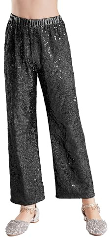 MSemis Bambina Pantaloni di Paillettes Glitter Pantaloni Lunghi da Ballo Latino Tango Danza Moderna Jazz Ragazza Pantaloni da Ballo di Strada Hip Hop Discoteca Dancewear Nero 15-16 Anni