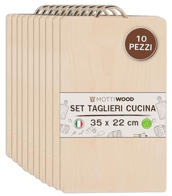 Set 10 Taglieri In Legno con Manico in Metallo, 35x22cm, 100% Legno Faggio, Tagliere per Verdure, Frutta, Salame, Non rovina Coltelli, Made in Italy, 10 Pezzi