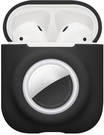 kwmobile 2-in1 Hülle kompatibel mit Apple Airpods 1 & 2 - Kopfhörer Case kompatibel mit Airtag - Weiches Silikon Cover - Schutzhülle mit Karabiner - Schwarz