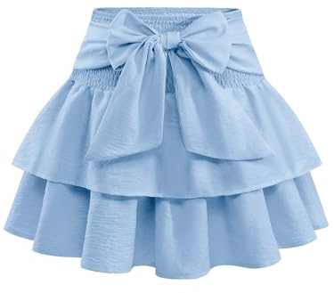 Timormode Women's Bow Mini Skirt Flowy High Waisted Ruffle Hem Short Skirts Cute Boho A-Line Layered Beach Skirt
