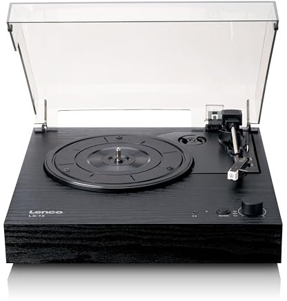 Lenco LS-15BK Platine vinyle - Réception et transmission Bluetooth® - 2 haut-parleurs intégrés - Micro AT3600L - Entraînement par courroie - Arrêt automatique - 33/45 tr/min - AUX et RCA - Noir