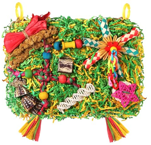 Bird Toys Parakeet Toys,Large-Sized Parrot Foraging & Shredding Cage Hanging Toys with Seagrass Mat for Budgies,Cockatiels,Lovebirds,Conures Small & Medium Parrots (Colorful with Starfruit (1PCS))