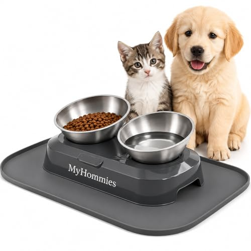 Comedero Gatos Elevado e Inclinado 15°, Doble Cuenco Antivómitos para Gatos y Perros Pequeños, Acero Inoxidable 304, Antideslizante con Alfombrilla Silicona, MyHommies