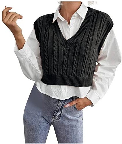 Vest Women's Sleeveless Argyle Sweater Vest UK V Neck Checkered Cropped Casual Knitted Sweater Tank Top 2025 Fall Aesthetic Checkered Work Vests Black L