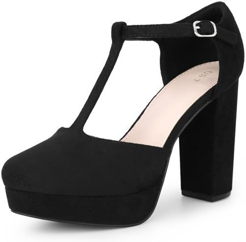 Allegra K Décolleté da donna con plateau, punta tonda, cinturino a T, tacco alto grosso, Nero , 38 EU