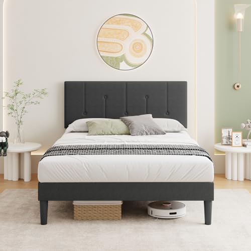 Vesgantti Linen Small Double Bed Frame with Adjustable Headboard, Solid Wooden Slats & Upholstered Platform, Easy Assembly, Noise-Free, Under Bed Storage, 4FT Small Double Bed, 120 x 190 cm,Dark Grey