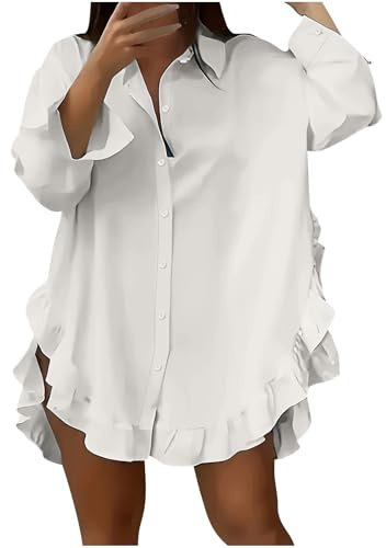 Chemise Femme Col Revers Manches Longues Uni Coupe Ample – Haut à Volants sur Ourlet Décontracté Chic pour Été – Top Léger pour Vacances – Blouse Tendance