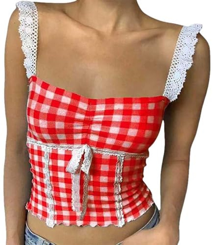 Categoría de producto Tops y cuadros Crop Top Escote cuadrado Recorte de encaje Gingham Tank Top Tirantes espagueti Camiseta Salir Corsé Tops, rojo, M
