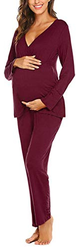 Pijama de Lactancia Invierno Ropa Premamá Embarazadas Manga Larga Conjunto de Pijama Manga Larga Cuello en V Top y Pantalones Conjuntos S-2XL