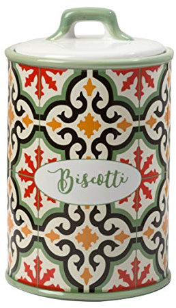 Baroni Home Biscottiera Ceramica Decorata Barattolo da Cucina Biscotti Chiusura Ermetica Linea Cementine 13X13X21cm