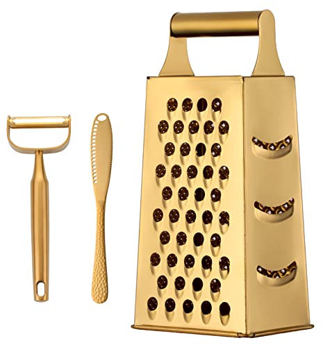 TUPMFG Box Grater, Stainless Steel Kitchen Cheese Grater with 4 Sides for Parmesan Cheese, Vegetables, Ginger Handheld Food Shredder Gold