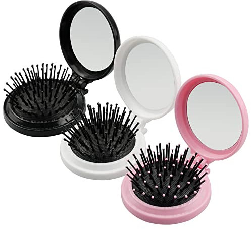 oupados 3 Stück Haarbürste Klappbar mit Spiegel, Klappbarer Reise Spiegel Haarbürsten, Rund Mini Haarkamm für Arbeit, Reise, Frauen und Mädchen (Rosa, Schwarz, Weiß)