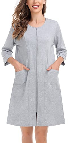 SWOMOG Women's 3/4 Sleeve Robes Zip Up Front Nightgowns Housecoat Cotton Loungewear Lightweight Bathrobe with Pockets