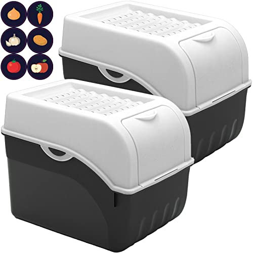 ARTECSIS Kartoffel Aufbewahrungsbox weiß 2er Set I für ca. 6 kg Kartoffeln I Kartoffelbox, Zwiebelbox, Gemüsebox mit Deckel + 6 Aufkleber mit Gemüsesorten