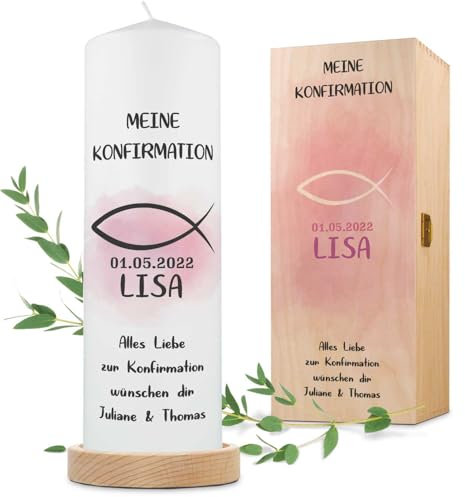 GRAVURZEILE Bedruckte Kerze - Konfirmation Fisch - bedruckte Kerze zur Konfirmation & Kommunion - Personalisiert mit Namen - Geschenk für Mädchen & Jungen - Stumpenkerze 250/80 mm - Farbe: Rosa