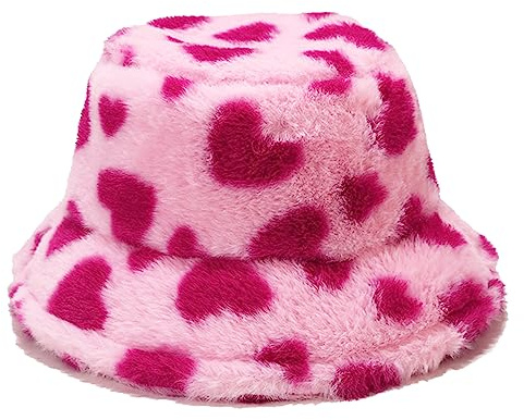 Winter Fluffy Fuzzy Bucket Hat Plush Furry Faux Fur Fisherman Hats Warm Hat for Women (Pink Heart)